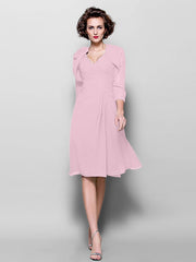 A-Line Mother of the Bride Dress Wrap Included V Neck Knee Length Chiffon 3/4 Length Sleeve with Criss Cross Side Draping