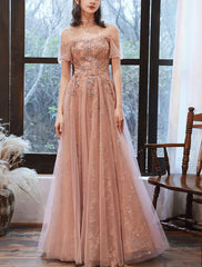 Aimishang A-Line Evening Gown Glittering Dress Engagement Floor Length Short Sleeve Off Shoulder Spandex with Sequin Appliques