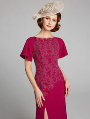 Aimishang Mermaid / Trumpet Mother of the Bride Dress Bateau Neck Floor Length Chiffon Lace Short Sleeve with Lace Split Front