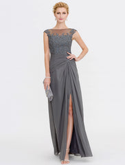 Aimishang A-Line Mother of the Bride Dress Wedding Guest Elegant See Through Bateau Neck Floor Length Chiffon Lace Sleeveless with Side Draping Fall