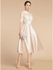 Aimishang  A-Line Mother of the Bride Dress Wedding Guest Elegant Petite Scoop Neck Knee Length Satin Lace Half Sleeve with Appliques Ruching Solid Color