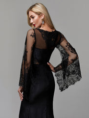 Sheath / Column Elegant Dress Wedding Guest Engagement Floor Length Long Sleeve Illusion Neck Lace with Lace Insert