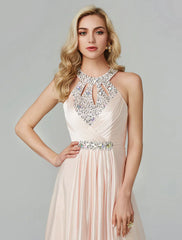 A-Line Little Black Dress Dress Party Wear Floor Length Sleeveless Silk Backless with Crystals Sequin