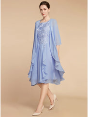 Aimishang  Two Piece Sheath / Column Mother of the Bride Dress Wedding Guest Elegant Petite Scoop Neck Knee Length Chiffon Lace Half Sleeve with Ruching Solid Color