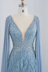V Neck Feather-Accented Evening Dress with Mermaid Side Split and Open Back