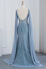 V Neck Feather-Accented Evening Dress with Mermaid Side Split and Open Back