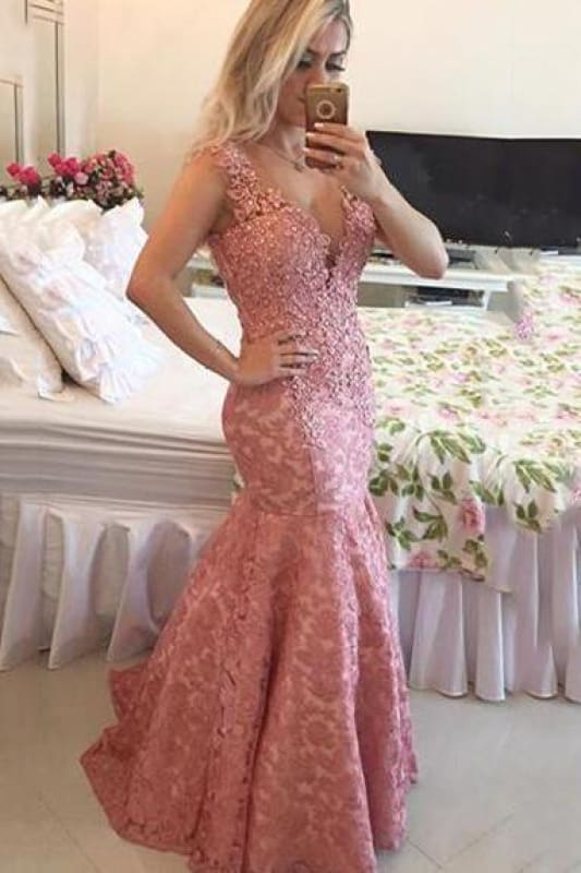 V-Neck Mermaid Prom Dress Lace Appliques Evening Gowns with Beadings