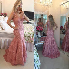 V-Neck Mermaid Prom Dress Lace Appliques Evening Gowns with Beadings
