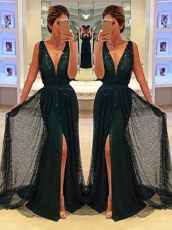 V-Neck Sequins Sash Belt Sweep/Brush Train Dresses with Split