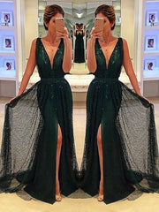 V-Neck Sequins Sash Belt Sweep/Brush Train Dresses with Split