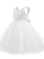 V Neck Short Length Flower Girl Dress with Bow Appliques in Taffeta Tulle
