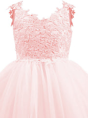 V Neck Short Length Flower Girl Dress with Bow Appliques in Taffeta Tulle