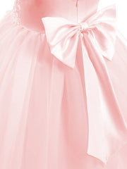 V Neck Short Length Flower Girl Dress with Bow Appliques in Taffeta Tulle