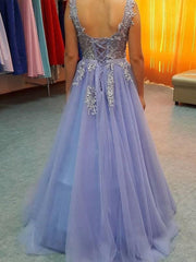 V-Neck Sleeveless Floor-Length A-line With Applique Tulle Dresses