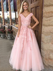 V-Neck Sleeveless Floor-Length A-line With Applique Tulle Dresses