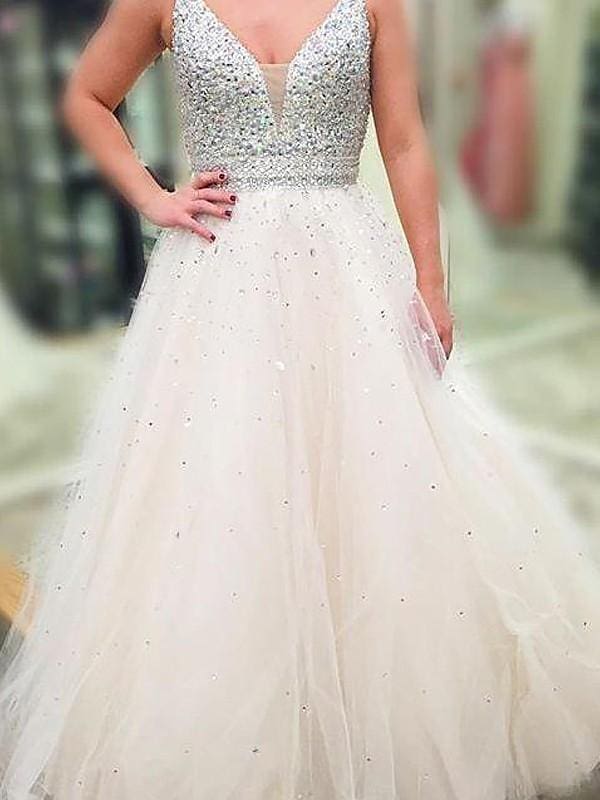 V-Neck Sleeveless Floor-Length A-line With Beading Tulle Dresses