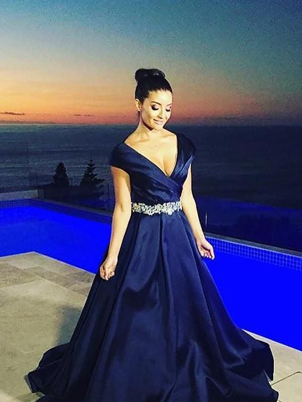 V-Neck Sleeveless Sweep/Brush A-line Train With Beading Satin Dresses