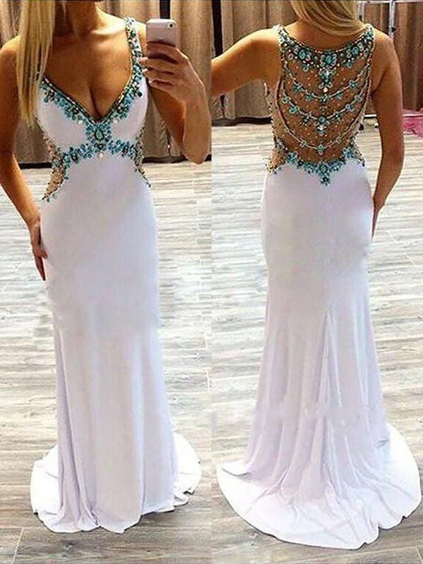 V-Neck Sleeveless Sweep/Brush Train With Beading Spandex Dresses