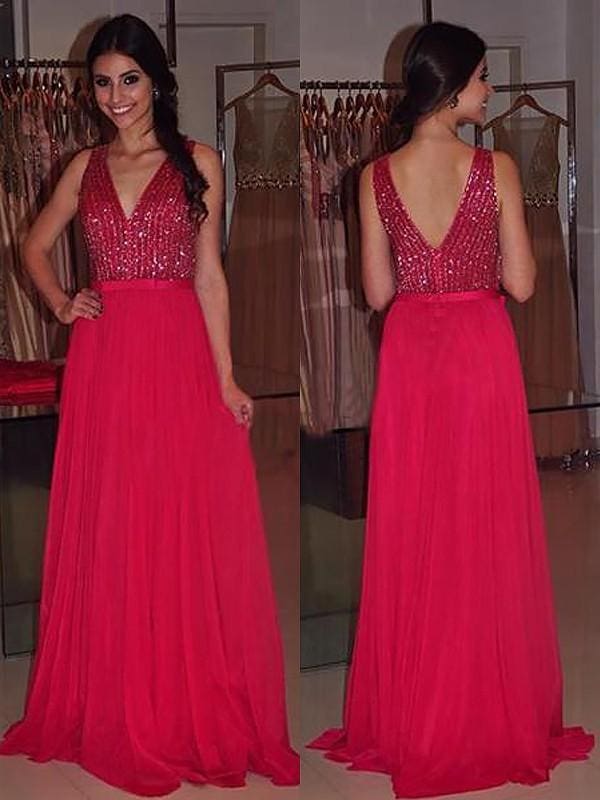 V-Neck Sleeveless With Beading Chiffon Dresses