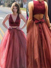 V-Neck Sweep/Brush Train With Ruffles Tulle Two Piece Dresses