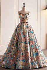 Lovely Sweetheart Floral Sequin Long Prom Dress, A-Line Strapless Evening Dress