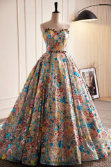 Lovely Sweetheart Floral Sequin Long Prom Dress, A-Line Strapless Evening Dress