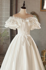 Robe de bal en dentelle satinée blanche à épaules dénudées, robe de soirée blanche, robe de mariée