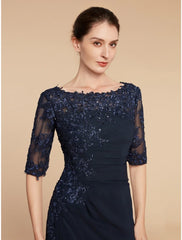 Aimishang  Sheath / Column Mother of the Bride Dress Wedding Guest Elegant Scoop Neck Ankle Length Chiffon Lace Half Sleeve with Sequin Ruching Solid Color