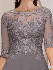 Aimishang A-Line Mother of the Bride Dress Formal Wedding Guest Elegant High Low Scoop Neck Asymmetrical Tea Length Chiffon Lace Half Sleeve with Pleats Appliques