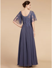 Aimishang  A-Line Mother of the Bride Dress Wedding Guest Elegant V Neck Floor Length Chiffon Lace Short Sleeve with Sequin Ruching Solid Color