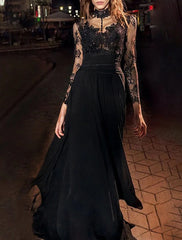 A-Line Evening Gown Vintage Dress Masquerade Floor Length Long Sleeve High Neck Black Dress Chiffon with Appliques