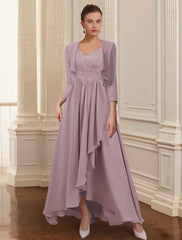 Aimishang Two Piece A-Line Mother of the Bride Dress Formal Wedding Guest Elegant High Low V Neck Asymmetrical Ankle Length Chiffon Lace 3/4 Length Sleeve Jacket Dresses with Appliques