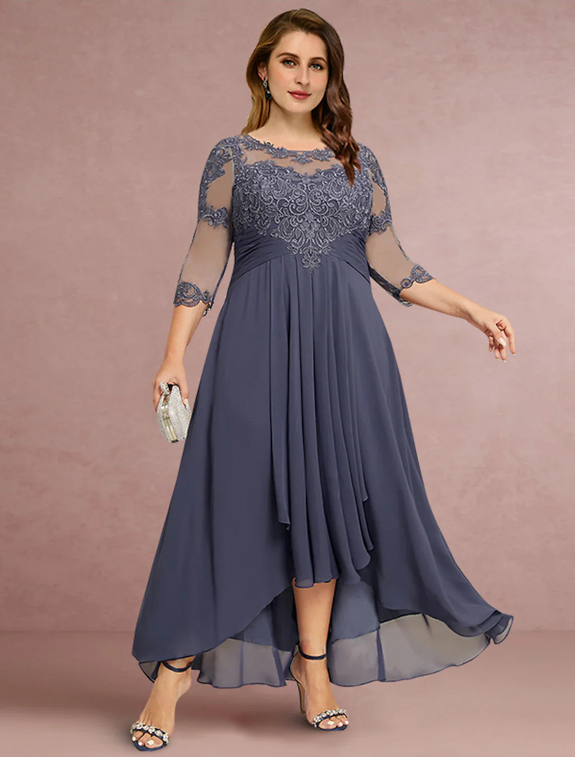 Aimishang Sheath / Column Mother of the Bride Dress Wedding Guest Elegant Jewel Neck Asymmetrical Chiffon Lace 3/4 Length Sleeve with Pleats Solid Color