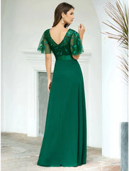 A-Line Prom Dresses Evening Party Floor Length Short Sleeve  Chiffon V Back with Sequin