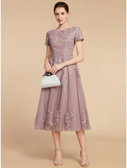 Aimishang  A-Line Mother of the Bride Dress Wedding Guest Elegant Petite Jewel Neck Tea Length Lace Tulle Short Sleeve with Ruching Flower