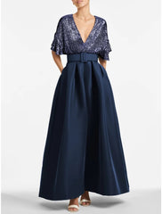 A-Line Evening Gown Sparkle & Shine Dress Formal Wedding Guest Ankle Length Half Sleeve V Neck Satin with Glitter Pleats 2025
