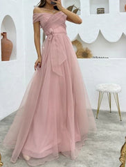 A-Line Evening Gown 1950s Dress Formal Wedding Reception Floor Length Sleeveless Off Shoulder Organza with Strappy