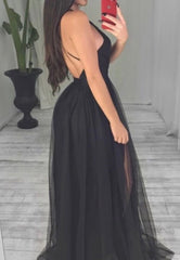 Black V-Neck Tulle Long Prom Dresses, A-Line Backless Evening Dresses