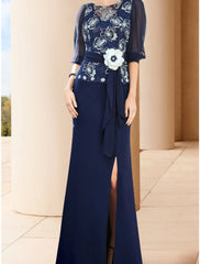 Aimishang  Sheath / Column Mother of the Bride Dress Wedding Guest Elegant Jewel Neck Floor Length Stretch Chiffon Half Sleeve with Split Front Ruching Flower