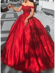 Ball Gown Luxurious Sexy Quinceanera Formal Evening Valentine's Day Dress Off Shoulder Short Sleeve Chapel Train Lace with Appliques