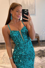 Sparkly Sheath Peacock Sequins V Neck Long Prom Dresses