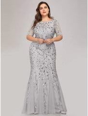 Aimishang Mermaid / Trumpet Empire Elegant Party Wear Formal Evening Dress Jewel Neck Short Sleeve Floor Length Tulle with Embroidery