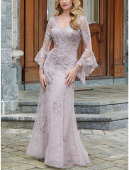 Aimishang A-Line Mother of the Bride Dress Wedding Guest Elegant V Neck Floor Length Lace Long Sleeve with Ruching Solid Color