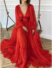 Aimishang A-Line Evening Gown Elegant Dress Red Green Dress Formal Wedding Guest Floor Length Long Sleeve V Neck Chiffon with Ruched