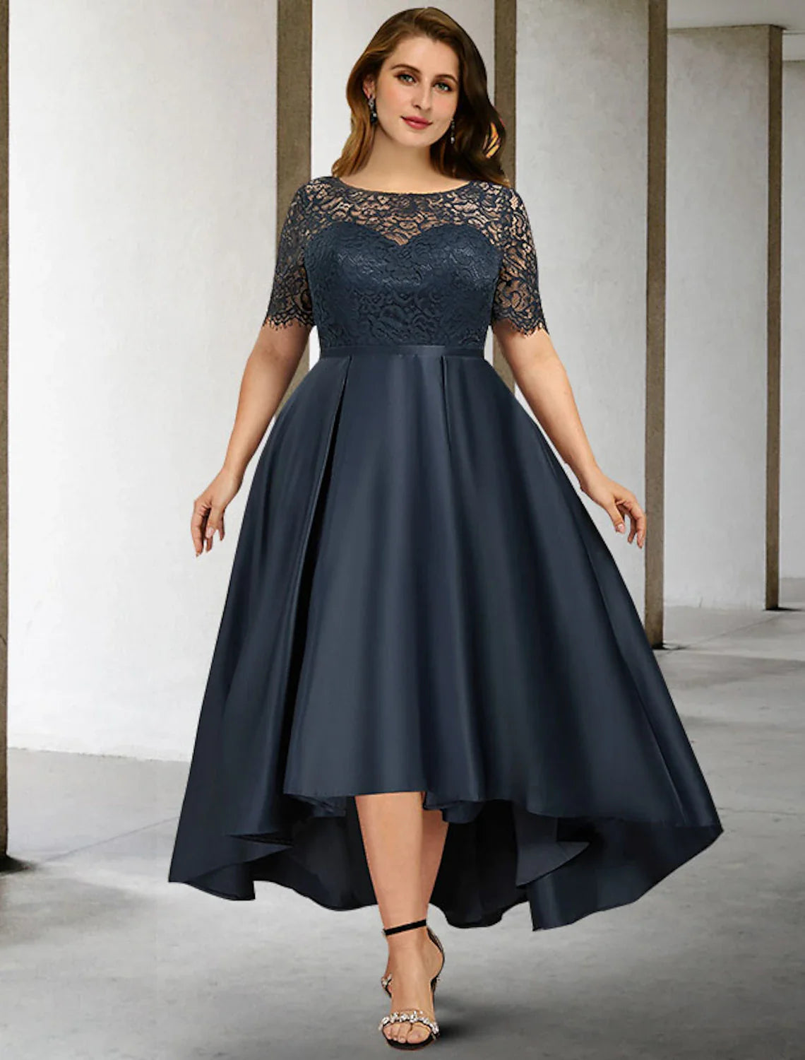 Aimishang A-Line Mother of the Bride Dresses Plus Size Hide Belly Curve Elegant Dress Formal Asymmetrical Short Sleeve Jewel Neck Satin with Pleats