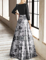 A-Line Mother of the Bride Dress Formal Wedding Guest Elegant Square Neck Floor Length Taffeta Stretch Fabric 3/4 Length Sleeve with Pleats Flower