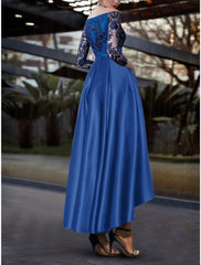 A-Line Evening Gown Elegant Dress Formal Wedding Guest Asymmetrical Long Sleeve Off Shoulder Satin with Pleats Sequin