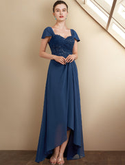 Aimishang  A-Line Mother of the Bride Dress Wedding Guest Elegant High Low Square Neck Asymmetrical Tea Length Chiffon Lace Cap Sleeve Fall Wrap Included with Sequin Appliques Side-Draped