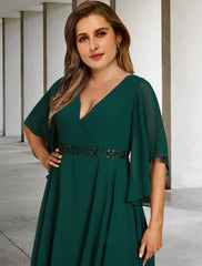 Aimishang  A-Line Mother of the Bride Dresses Plus Size Hide Belly Curve Elegant Dress Formal Sweep / Brush Train Half Sleeve V Neck Chiffon with Ruffles Strappy