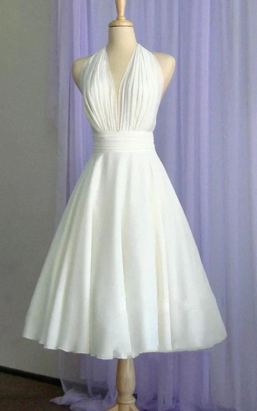 Aimishang Elegant Vintage Tea-Length Chiffon Wedding Dress With Halter Neck and Bow